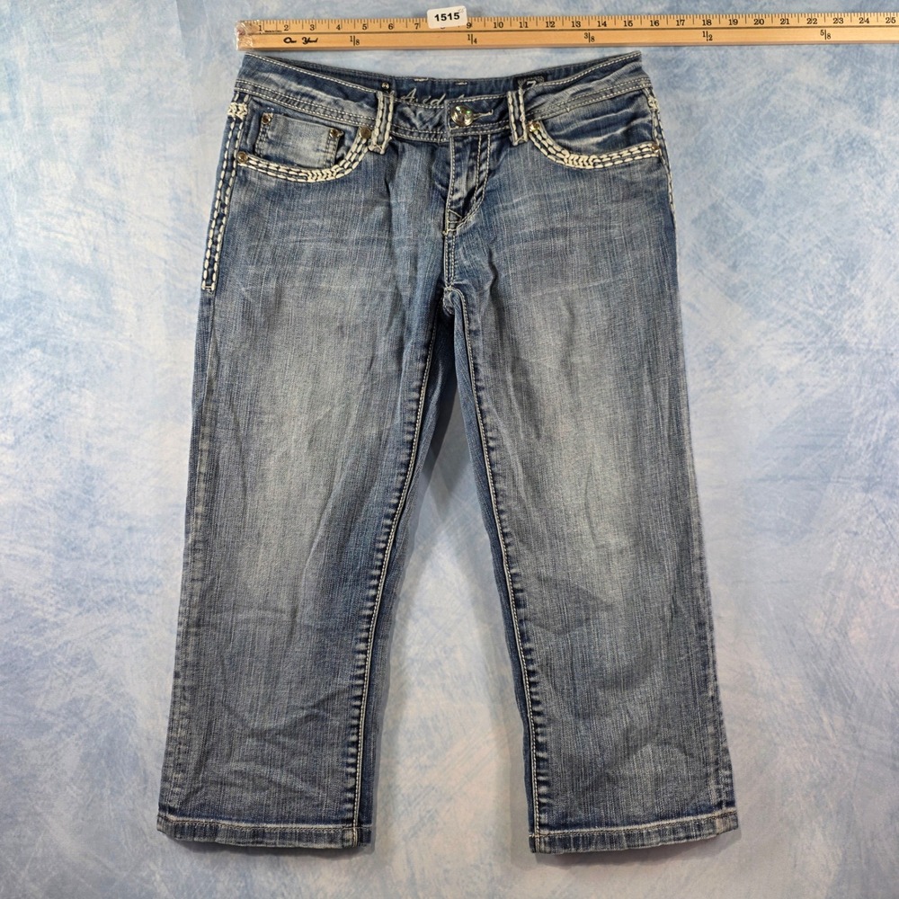 LA Idol USA Womens Embellished Capri Jeans Medium Wash Rhinestone Size 7 30x18